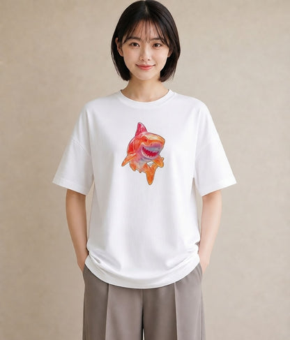 半袖Tシャツ レディース サメ 海の生き物 海 イラスト ニュアンス 女性 旅行用 白T