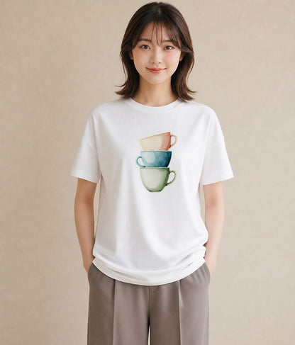 半袖Tシャツ レディース カフェオレ 食べ物 フード イラスト 上品 通勤 在宅 白T