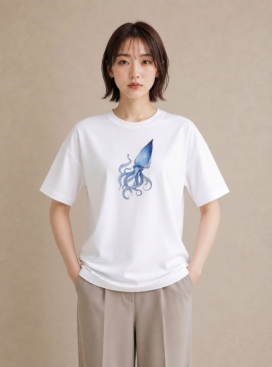 プリントTシャツ レディース タコ 海の生き物 海 イラスト モード 普段着 週末コーデ 白T