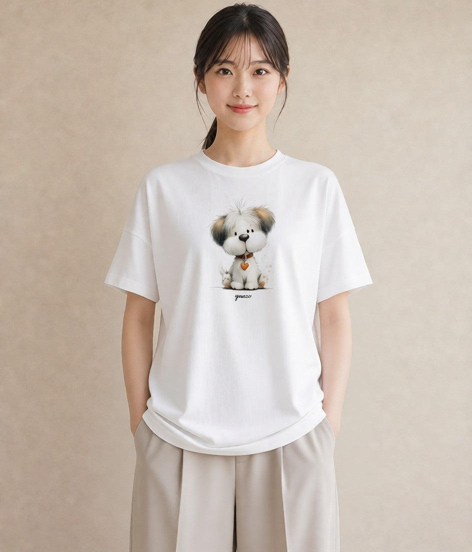 デザインTシャツ レディース わんちゃん 犬 いぬ イラスト 淡色 綿100 デート 白T