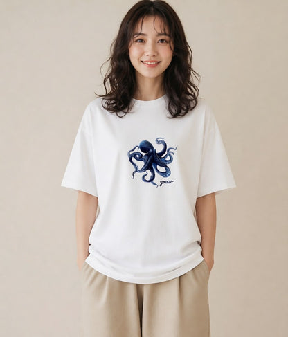 半袖Tシャツ レディース イカ 海の生き物 海 イラスト モード カフェ巡り 白T