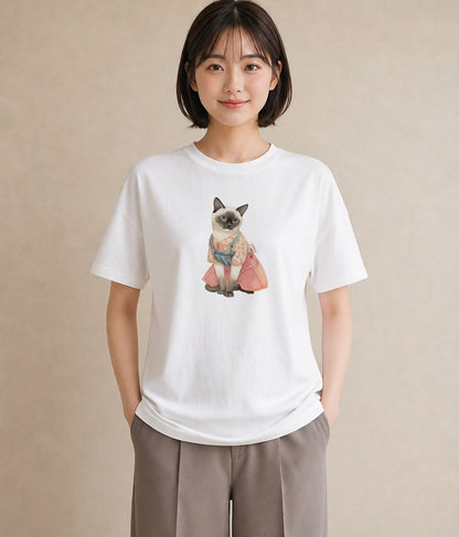 Tシャツ レディース おすわり猫 猫 ねこ イラスト 旅行コーデ ペアコーデ 秋コーデ 白T