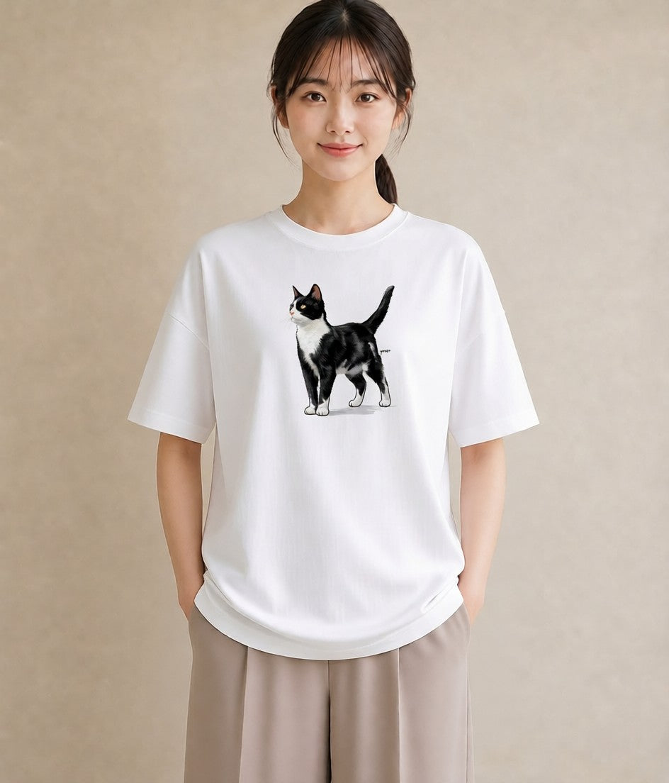 半袖Tシャツ レディース しっぽ 猫 ねこ イラスト ヴィンテージ風 在宅 公園 白T