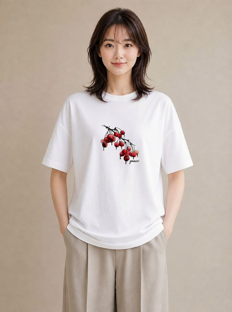 半袖Tシャツ レディース さくらんぼ チェリー 食べ物 フード イラスト 抜け感 友達ギフト 部屋着 白T