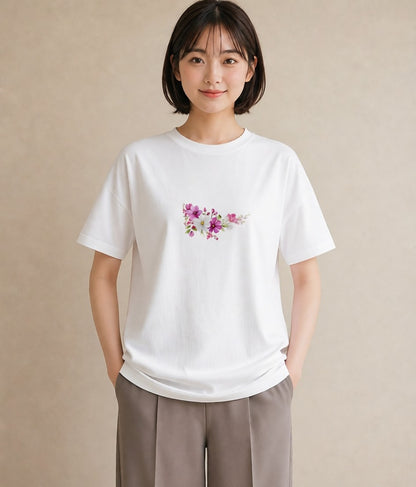 半袖Tシャツ レディース コスモス 秋桜 花 花柄 イラスト ミニマル 誕生日プレゼント 綿100 白T