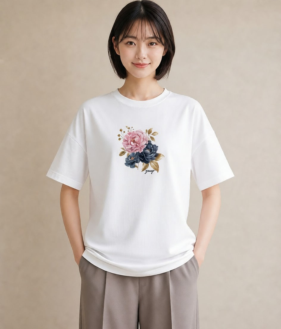 Tシャツ レディース 牡丹 花 花柄 イラスト お洒落 週末コーデ 敬老の日 白T