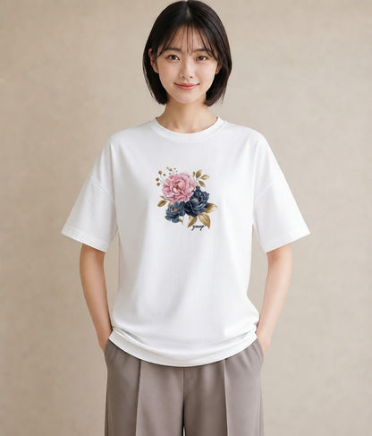 Tシャツ レディース 牡丹 花 花柄 イラスト お洒落 週末コーデ 敬老の日 白T