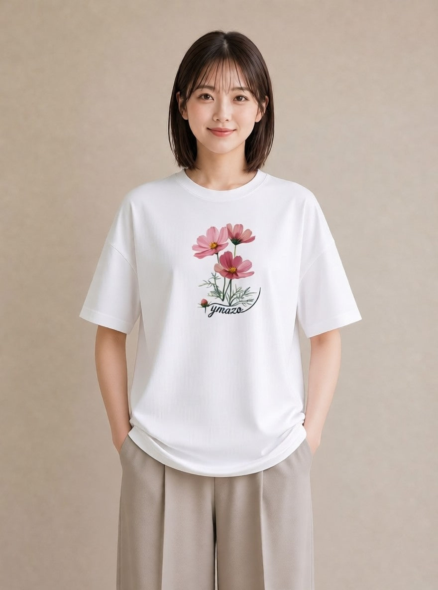 Tシャツ レディース コスモス 秋桜 花 花柄 イラスト 旅行コーデ 秋コーデ おしゃれギフト 白T