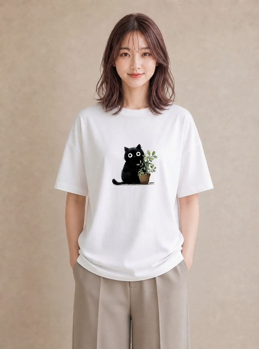 半袖Tシャツ レディース 黒猫 猫 ねこ イラスト 韓国風 普段着 週末コーデ 白T