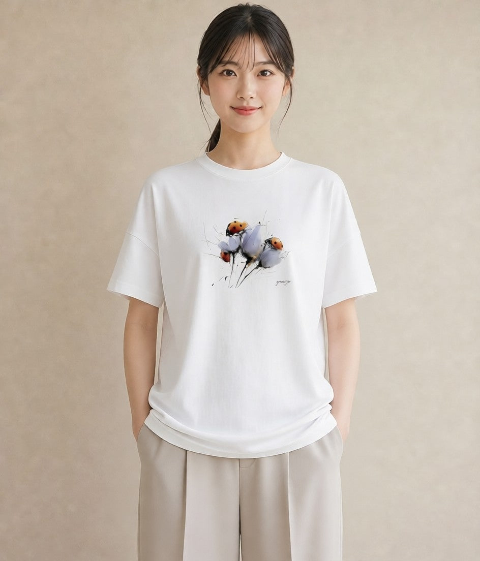 デザインTシャツ レディース てんとう虫 昆虫 虫 イラスト ニュアンス ビーチ デイリーウェア 白T
