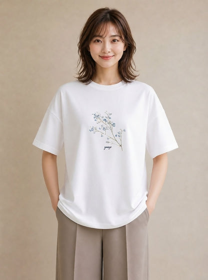 デザインTシャツ レディース カスミソウ かすみ草 花 花柄 イラスト 海 カフェ巡り 白T