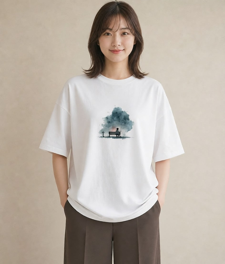 半袖Tシャツ レディース 雨上がりのベンチ ベンチ ナチュラル アンティーク イラスト 水彩風 姉妹 送別ギフト 白T