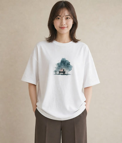 半袖Tシャツ レディース 雨上がりのベンチ ベンチ ナチュラル アンティーク イラスト 水彩風 姉妹 送別ギフト 白T