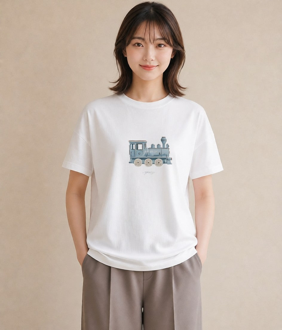 Tシャツ レディース 駅のホーム ローカル線 駅 ナチュラル アンティーク イラスト ユニーク 姉妹 送別ギフト 白T