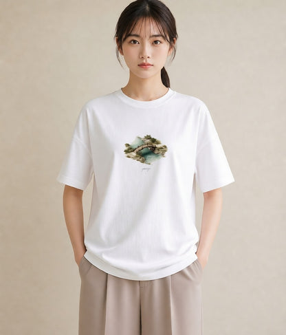 プリントTシャツ レディース 桟橋 水辺 波止場 ナチュラル アンティーク イラスト 韓国風 在宅 公園 白T