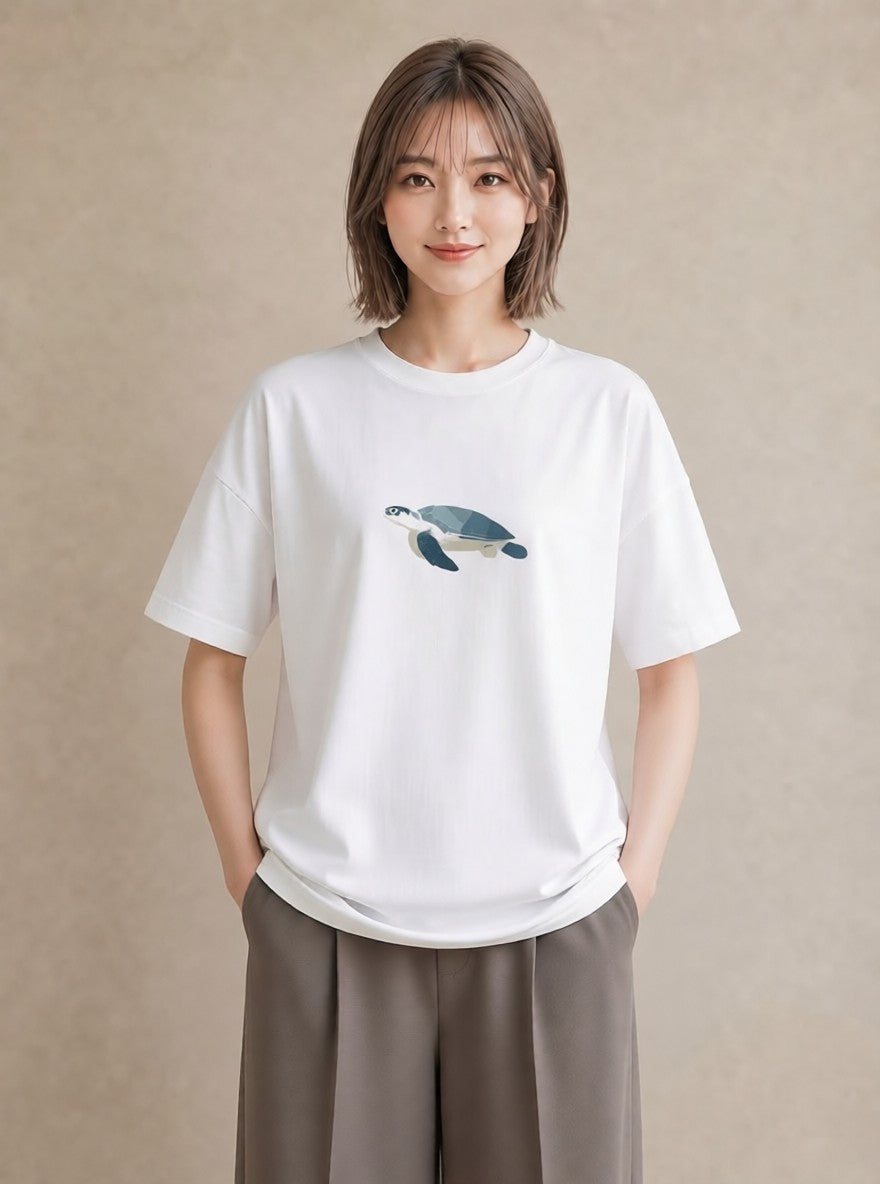 グラフィックTシャツ レディース ウミガメ 海の生き物 海 イラスト モード 20代 カジュアルコーデ 白T