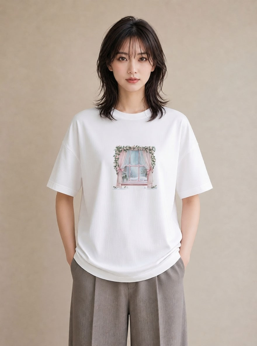 プリントTシャツ レディース 窓辺の雨 雨の日 窓 ナチュラル アンティーク イラスト こなれ感 ママ カフェ服 白T