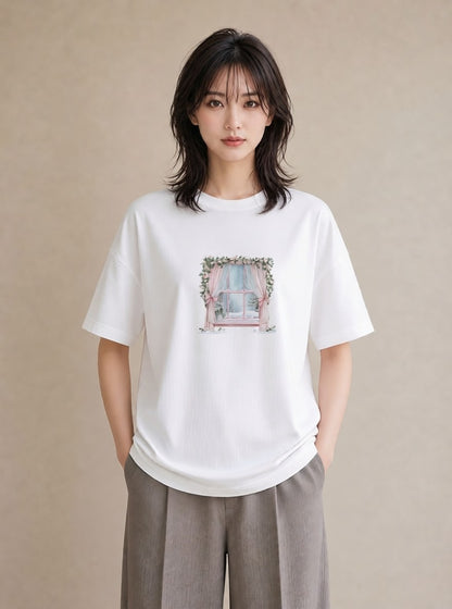 プリントTシャツ レディース 窓辺の雨 雨の日 窓 ナチュラル アンティーク イラスト こなれ感 ママ カフェ服 白T