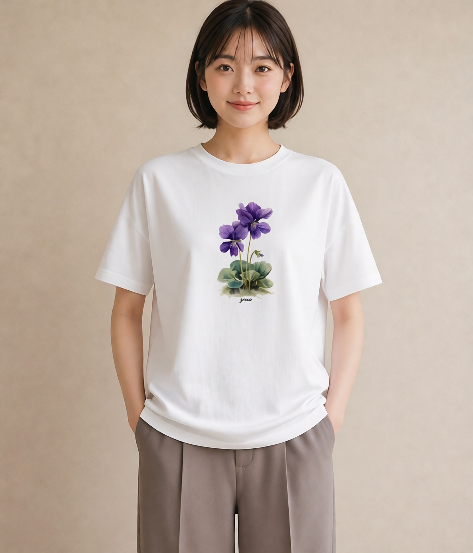 グラフィックTシャツ レディース パンジー 花 花柄 イラスト 普段使い 通学 誕生日プレゼント 白T