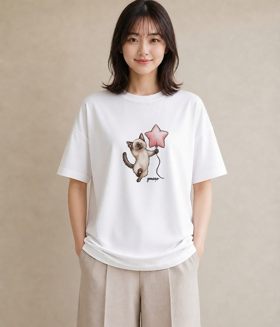 Tシャツ レディース シャム柄 猫 ねこ イラスト ナチュラル 母の日 ビーチ 白T