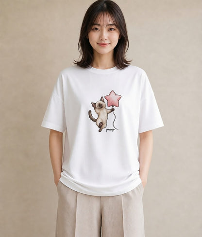 Tシャツ レディース シャム柄 猫 ねこ イラスト ナチュラル 母の日 ビーチ 白T