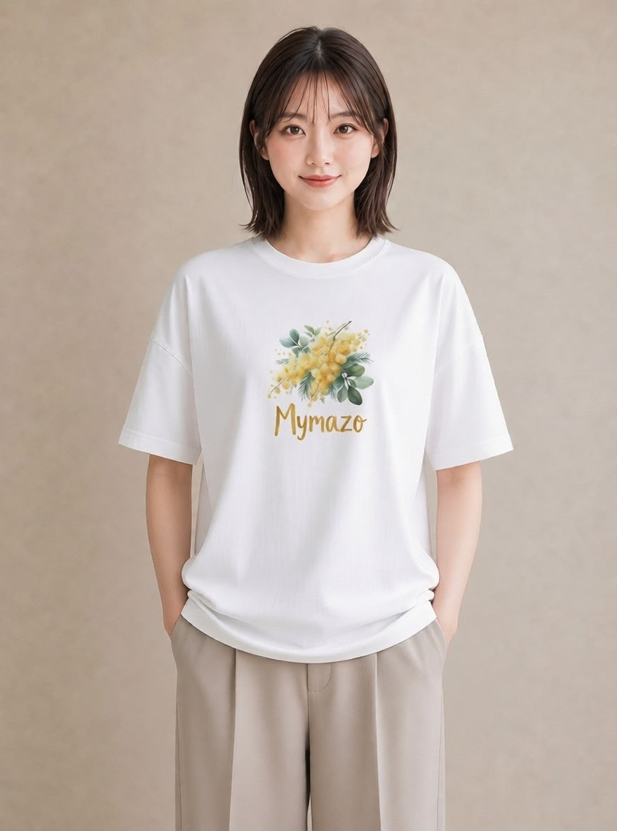 半袖Tシャツ レディース ミモザ 花 花柄 イラスト きれいめ 送別ギフト 通勤 白T