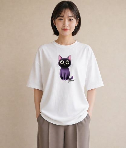 半袖Tシャツ レディース 黒猫 猫 ねこ イラスト 旅行コーデ ホワイトデー 春服 白T