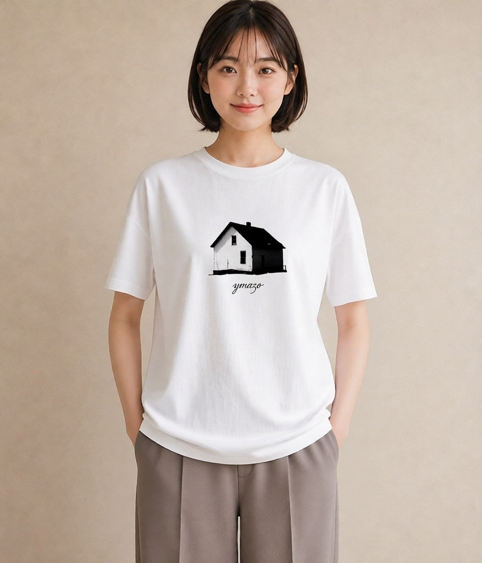 グラフィックTシャツ レディース 湖畔の小屋 湖 小屋 ナチュラル アンティーク イラスト 上品 クリスマス 旅行 白T