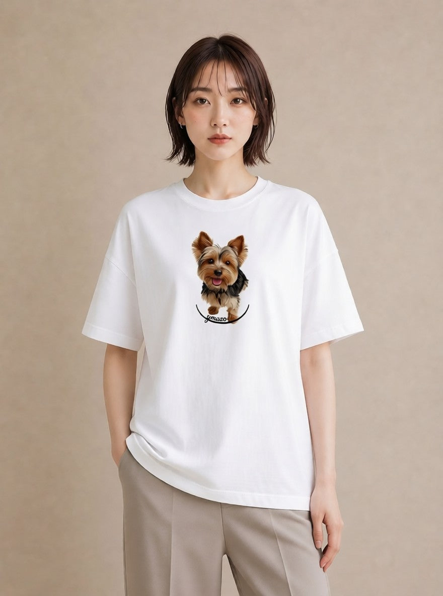 プリントTシャツ レディース ヨークシャーテリア 犬 いぬ イラスト ニュアンス 海 カフェ巡り 白T