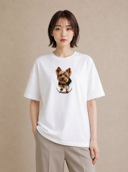 プリントTシャツ レディース ヨークシャーテリア 犬 いぬ イラスト ニュアンス 海 カフェ巡り 白T