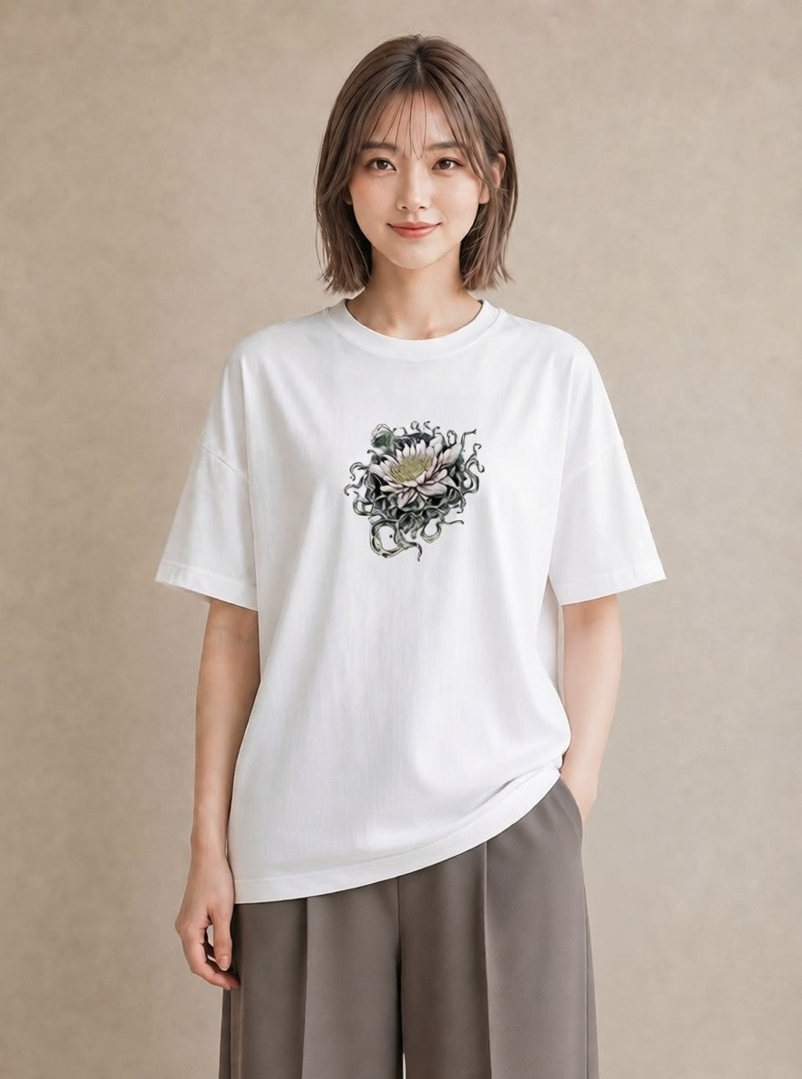 プリントTシャツ レディース 蓮 花 花柄 イラスト シック カフェ巡り 女子会 白T