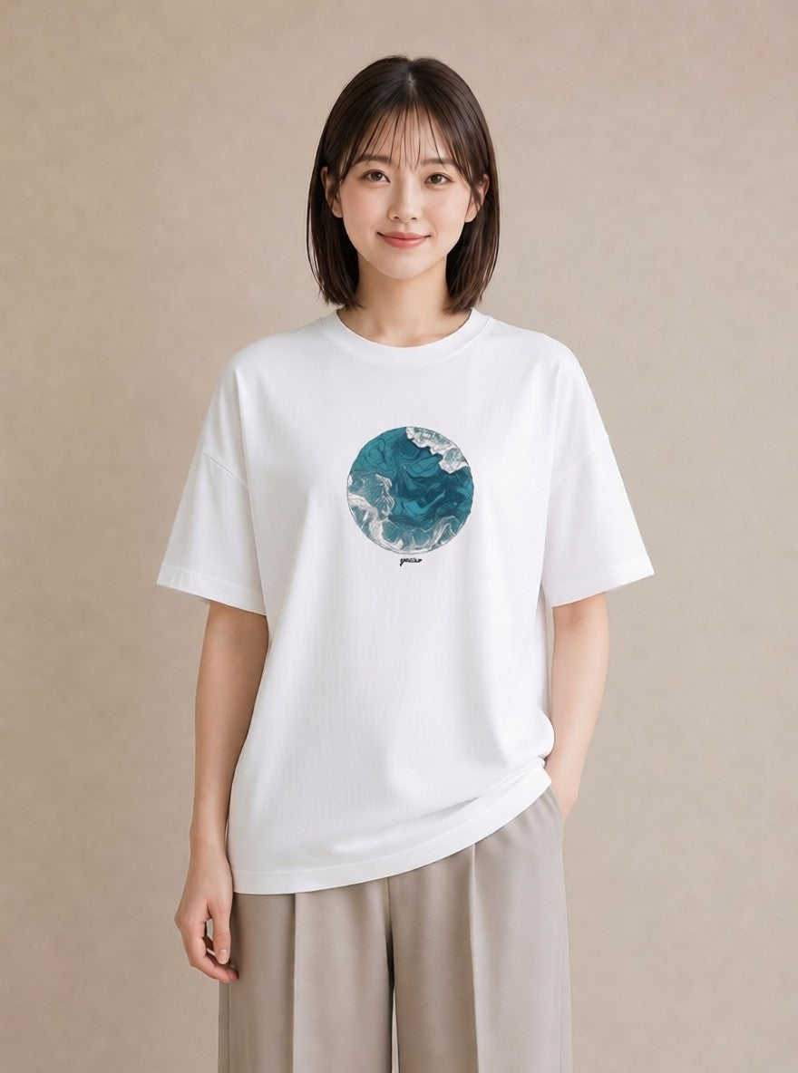 デザインTシャツ レディース 波 星空 宇宙 イラスト きれいめカジュアル 女性 旅行用 白T