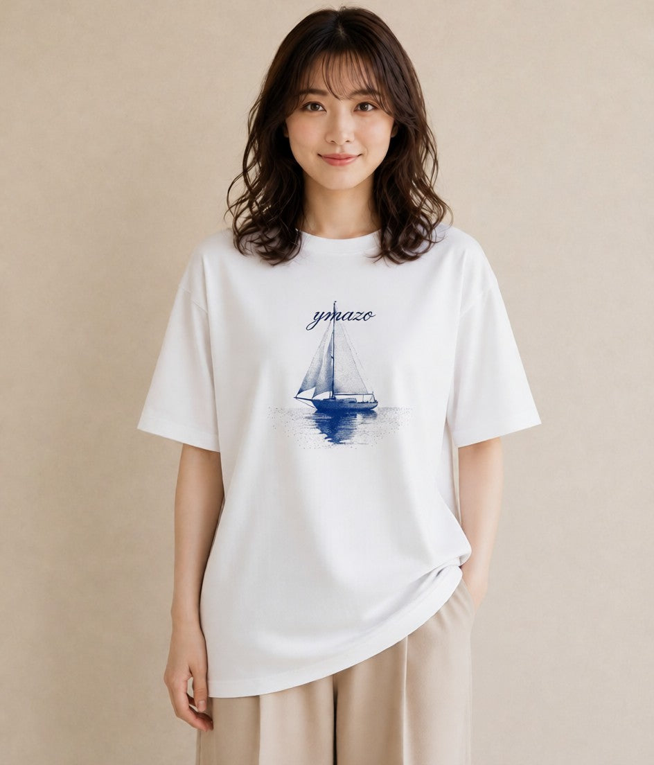 プリントTシャツ レディース 紙の船 水辺 ナチュラル アンティーク イラスト レトロ ギフト 母の日 白T