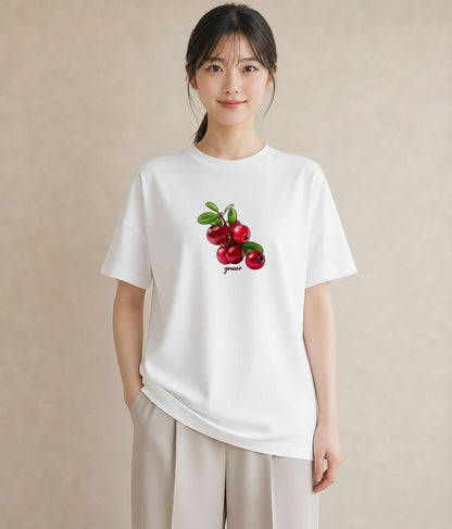 Tシャツ レディース さくらんぼ チェリー 食べ物 フード イラスト 抜け感 女性 旅行用 白T
