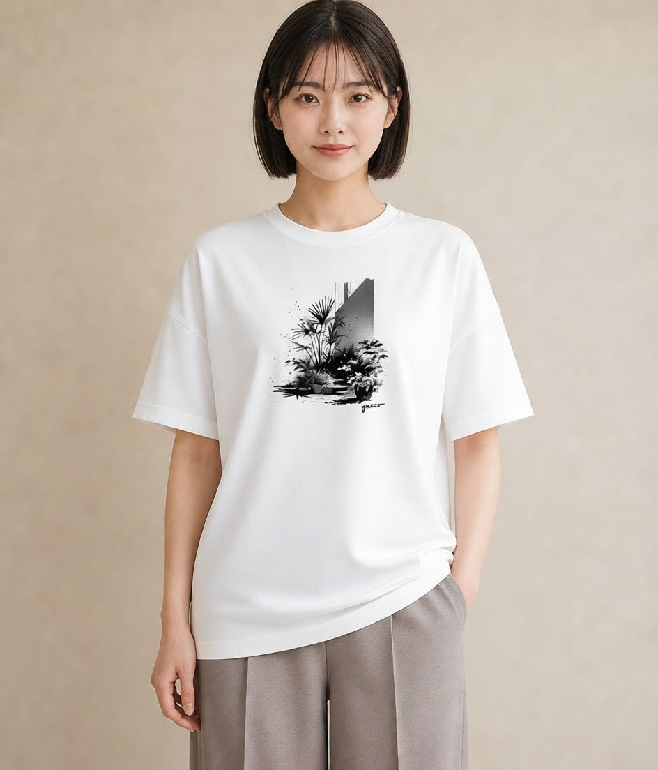 半袖Tシャツ レディース 雨上がりの小道 雨上がり 小道 ナチュラル アンティーク イラスト 北欧風 友達ギフト 部屋着 白T