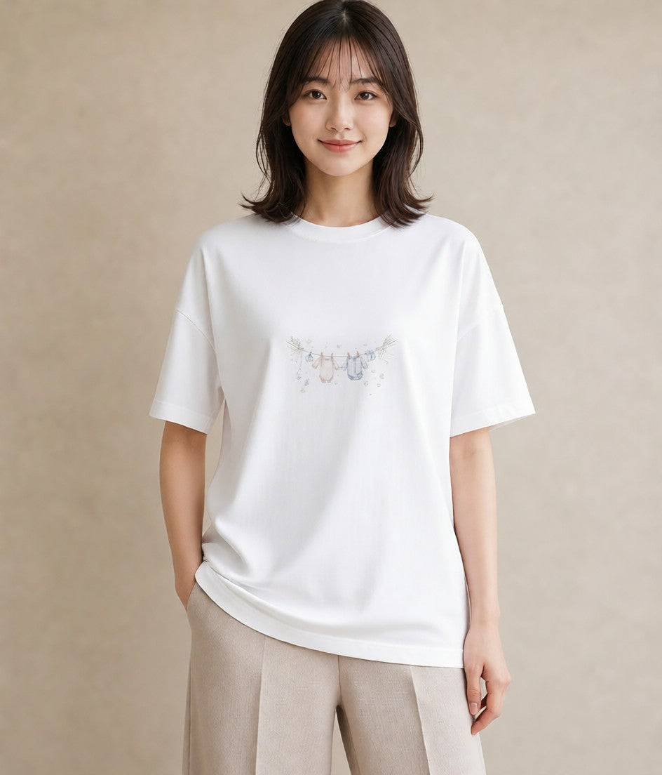 グラフィックTシャツ レディース 洗濯物 風 ナチュラル アンティーク イラスト ポップ 自分用 ルームウェア 白T
