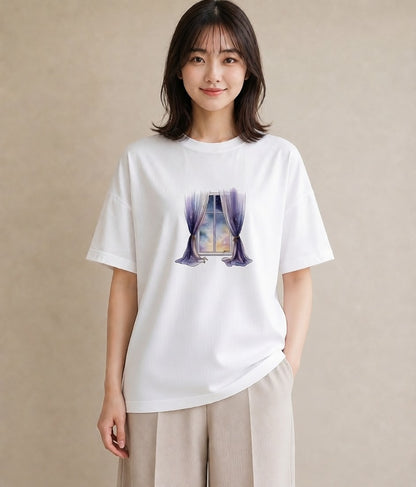 プリントTシャツ レディース 窓辺の雨 雨の日 窓 ナチュラル アンティーク イラスト カジュアル おしゃれギフト 社会人 白T