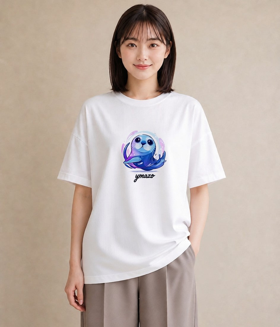 プリントTシャツ レディース ゴマフアザラシ 動物 アニマル イラスト ペアコーデ 秋コーデ 白T