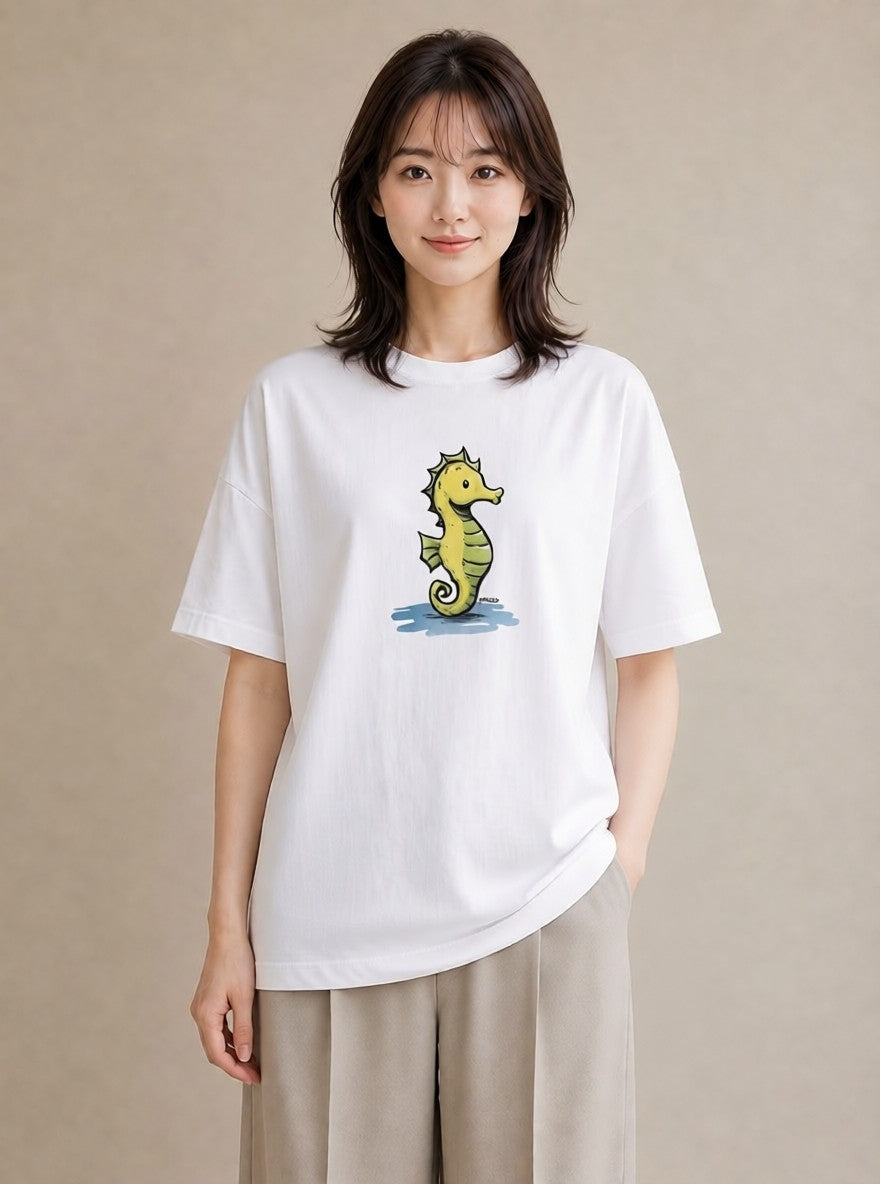 半袖Tシャツ レディース タツノオトシゴ 海の生き物 海 イラスト 旅行コーデ 女性 旅行用 白T
