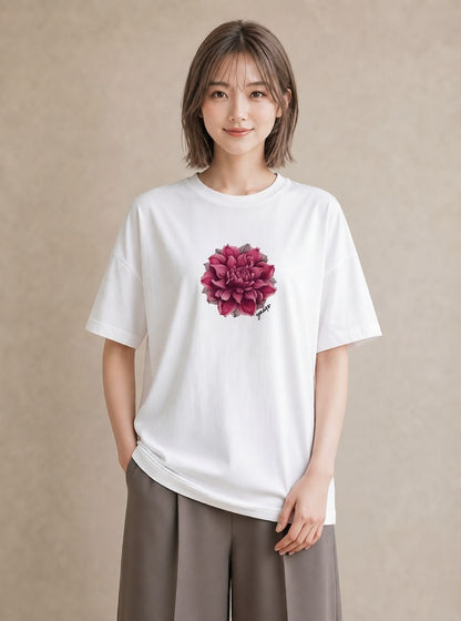 半袖Tシャツ レディース 牡丹 花 花柄 イラスト 休日コーデ 社会人 女性 白T