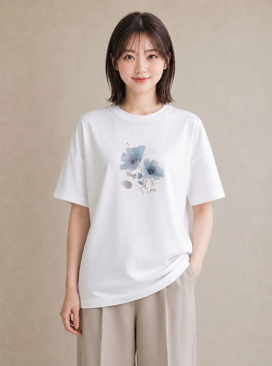 プリントTシャツ レディース あさがお 朝顔 花 花柄 イラスト 抜け感 通学 誕生日プレゼント 白T