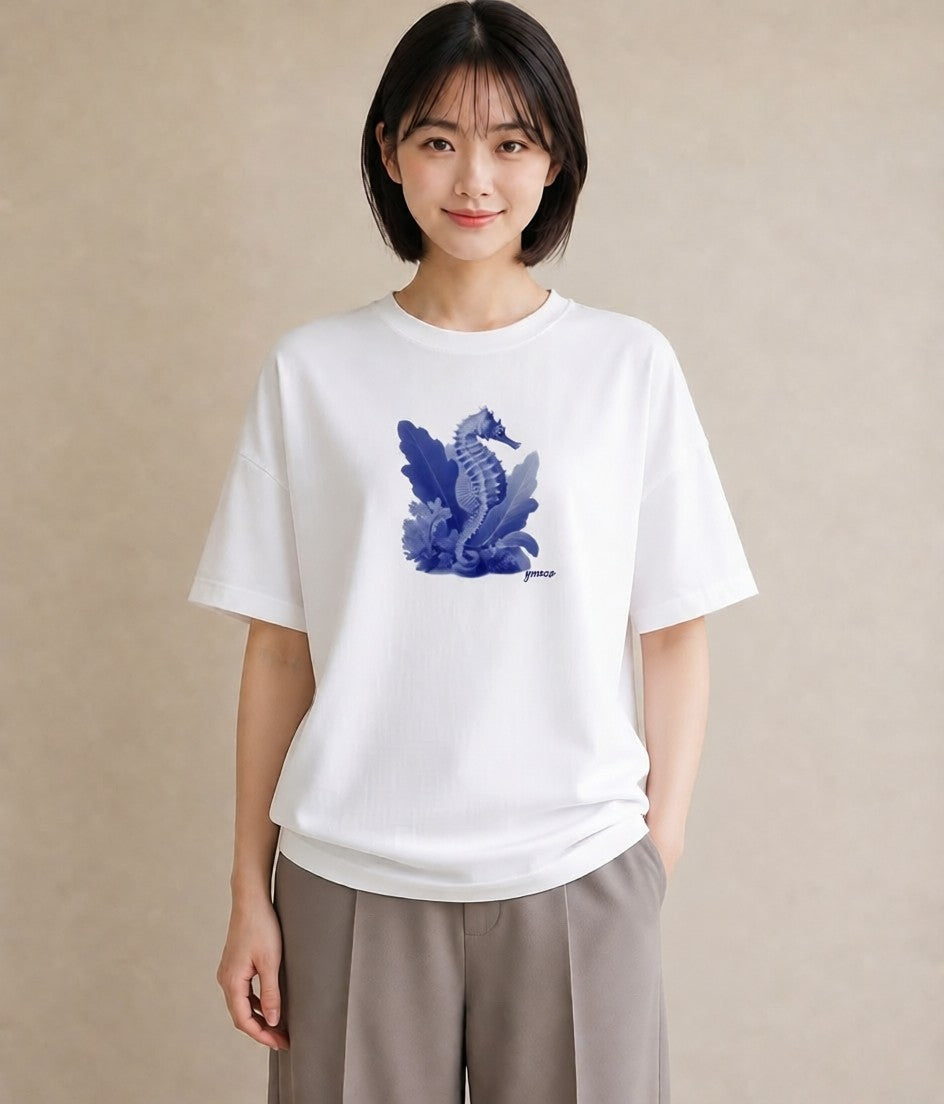 プリントTシャツ レディース タツノオトシゴ 海の生き物 海 イラスト お洒落 綿100 デート 白T