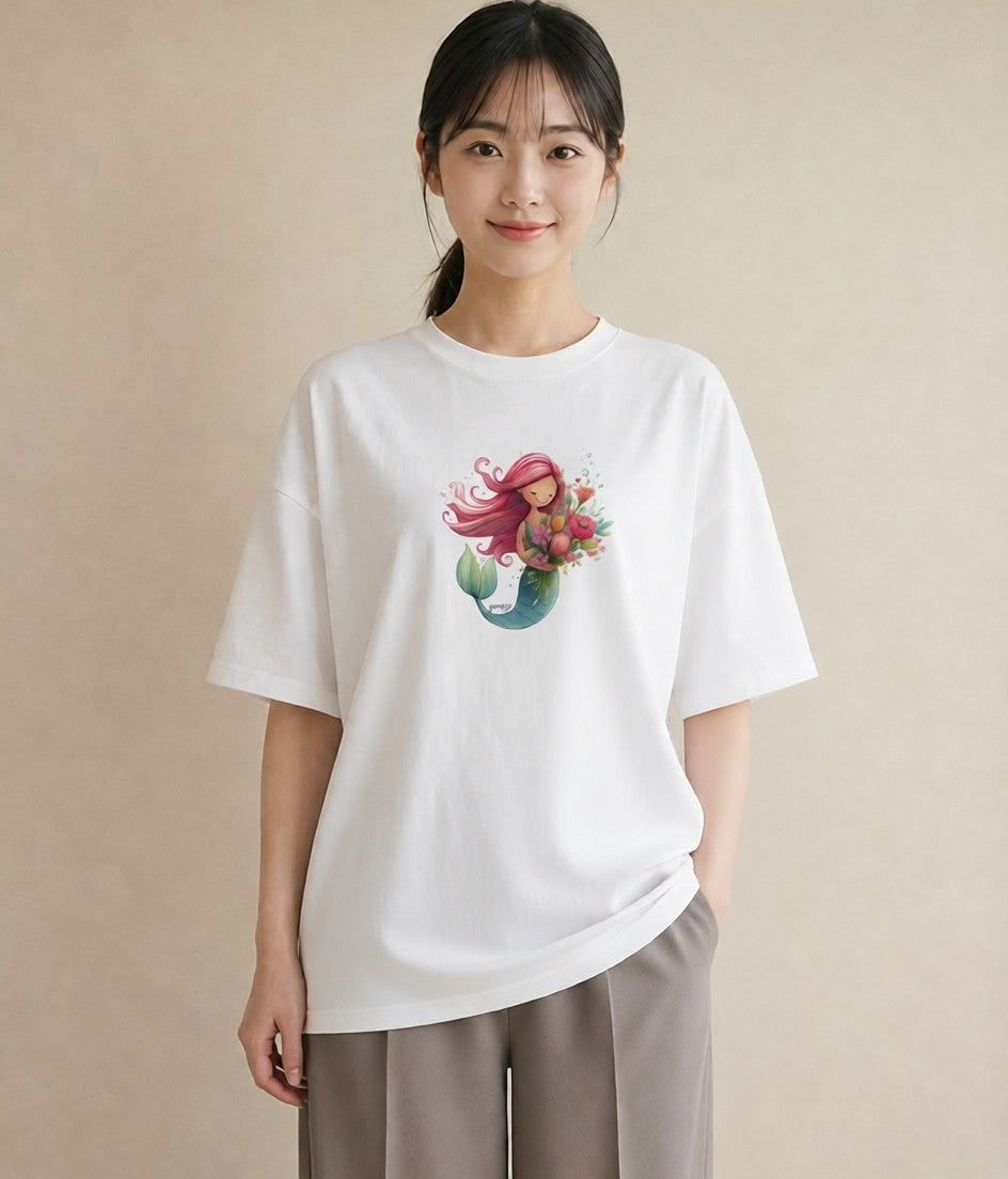 デザインTシャツ レディース 人魚 海の生き物 海 イラスト 韓国風 ギフト 母の日 白T