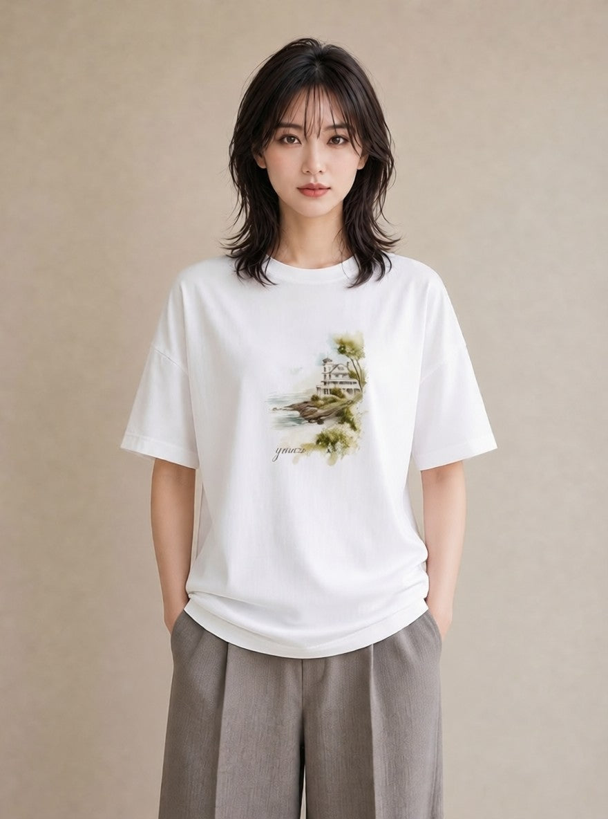 半袖Tシャツ レディース 灯台 霧 海 ナチュラル アンティーク イラスト 抜け感 春服 ミセス 白T