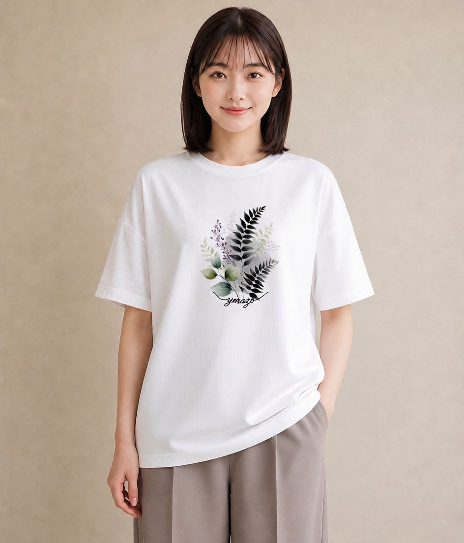 デザインTシャツ レディース シダ 植物 ボタニカル イラスト シック 帰省 ラフ 白T