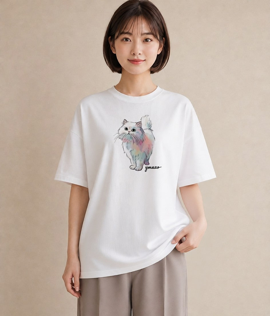 Tシャツ レディース おすわり猫 猫 ねこ イラスト モード ママ カフェ服 白T