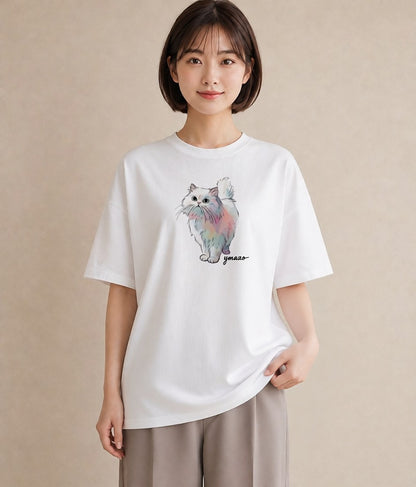 Tシャツ レディース おすわり猫 猫 ねこ イラスト モード ママ カフェ服 白T