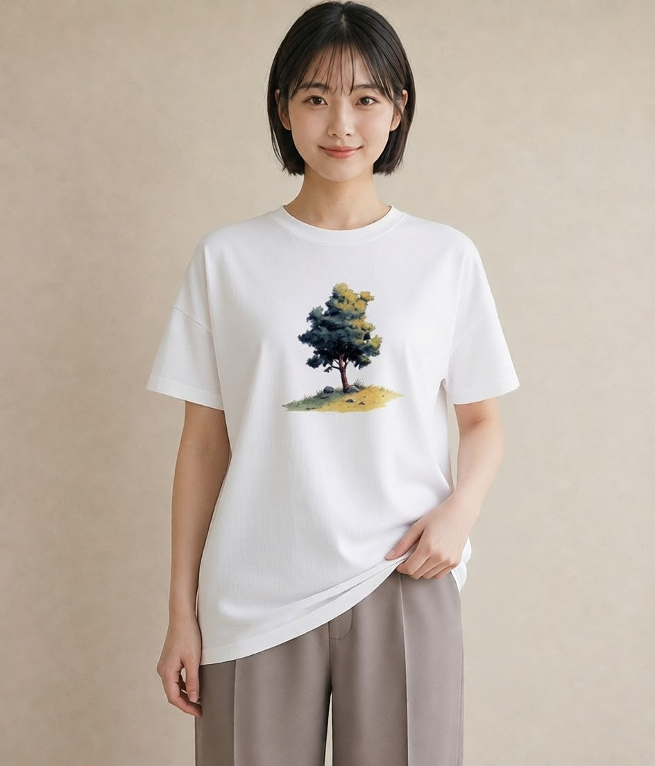 プリントTシャツ レディース 青の水彩 風景 ブルー ナチュラル アンティーク イラスト 淡色 送別ギフト 通勤 白T