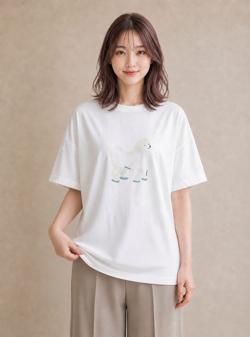 グラフィックTシャツ レディース ビションフリーゼ 犬 いぬ イラスト きれいめ 20代 カジュアルコーデ 白T