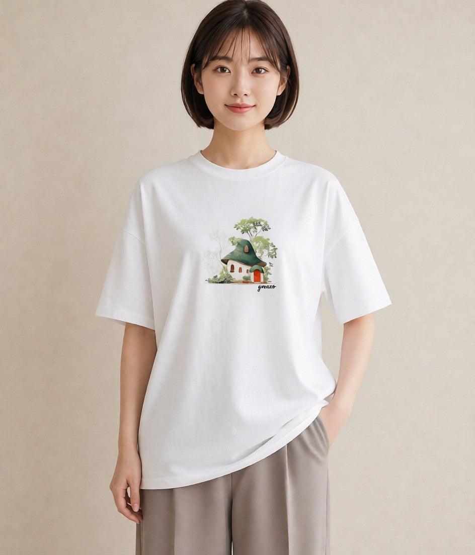 デザインTシャツ レディース 湖畔の小屋 湖 小屋 ナチュラル アンティーク イラスト ガーリー 海 カフェ巡り 白T